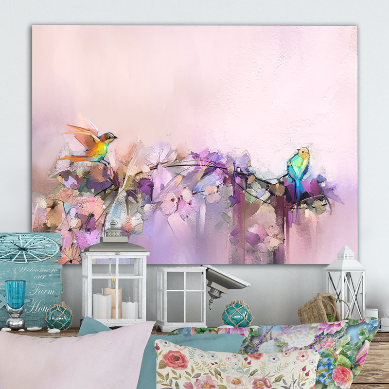 Pinceau, oiseaux mauves et beiges - reproduction encadrée sur toile, H 8 po x l 12 po x P 1 po, Toile tendue