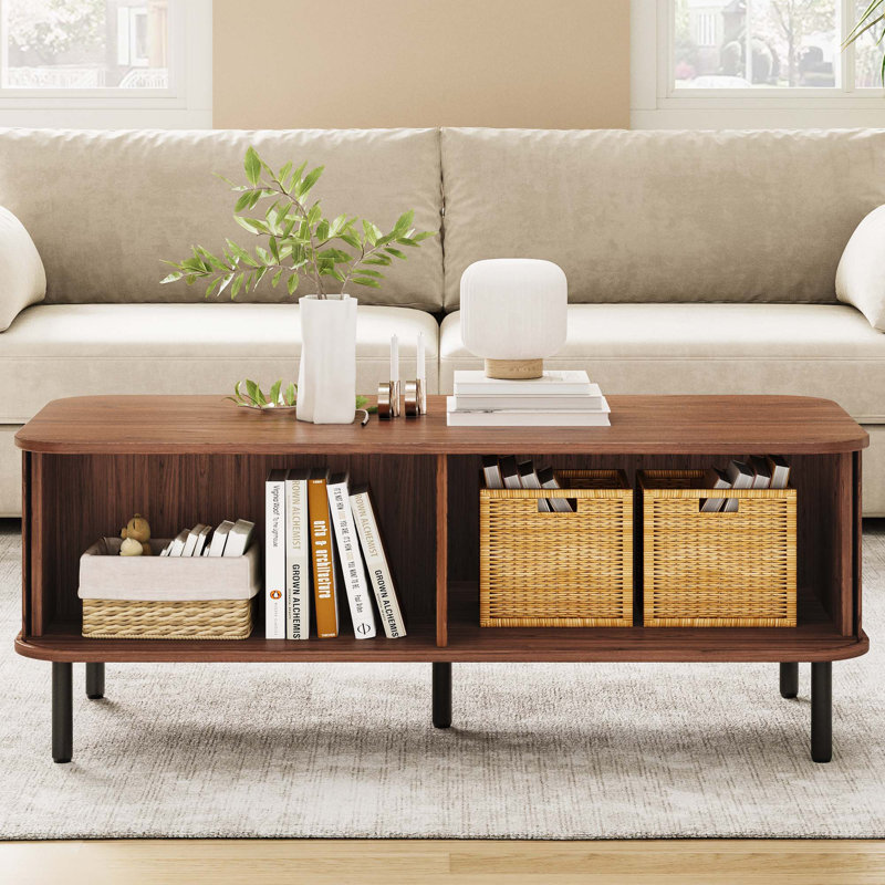 47.2" Mid Century Modern Coffee Table With Sliding Tambour Door, Fluted Accent Center Table With Storage, Walnut