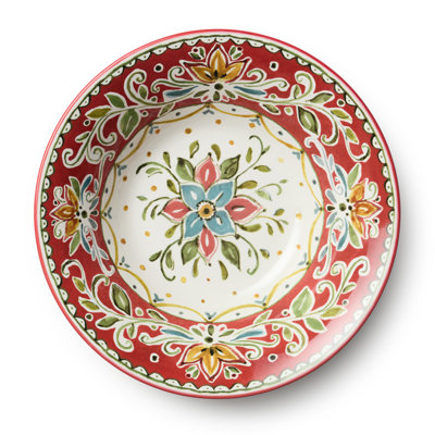 Provence 13" Ceramic Serving Bowl – 104 oz Large Vintage French Country Style Bowl for Salad, Pasta, Fruit & Entertaining – Red Green Yellow Folk Art Pattern