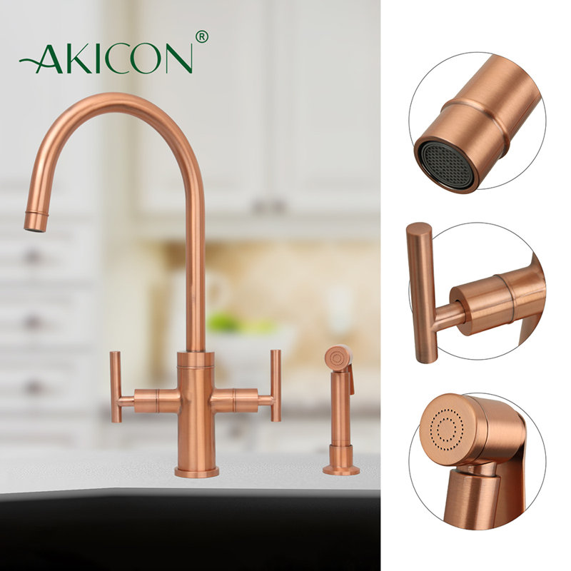 Copper Finish Double Handle Kitchen Faucet with Side Sprayer