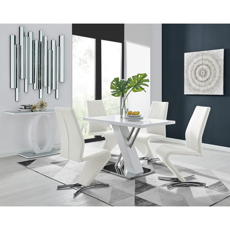 Sorro Cross Luxury High Gloss & Chrome Dining Table Set with 4 Modern Design Faux Leather Chairs, White