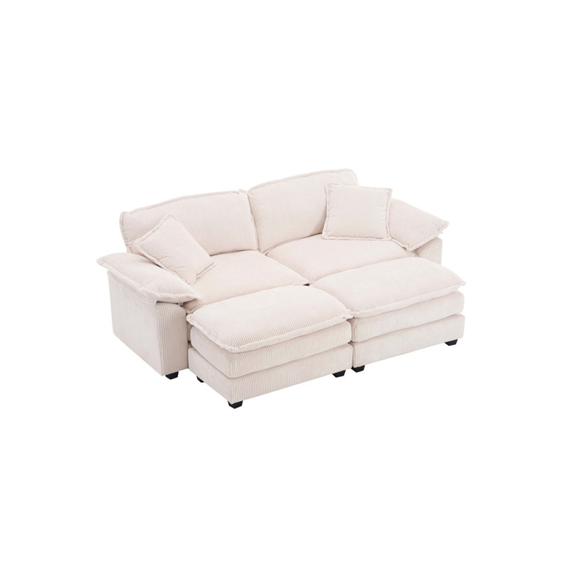 Canapé 2 places en velours côtelé avec dossier et coussins décoratifs, deux repose-pieds, assise profonde pour un confort ultime dans les salons, blanc
