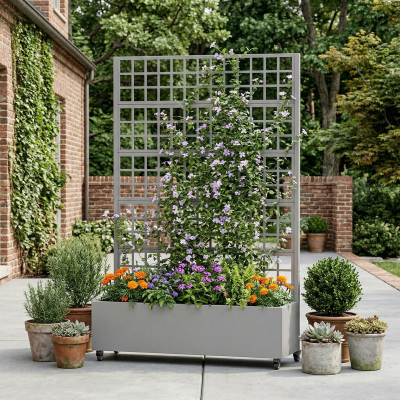 Boîte à fleurs en métal avec treillis et roues Conall, H 73 po x l 47 po x P 16 po, Gris