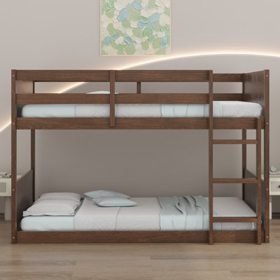 Floor Bunk Bed With Panelled Headboard And Footboard, Solid Wood Foundation With Safety Guardrails, Built-In Ladder