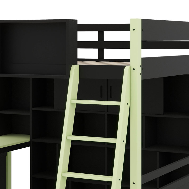 Lit mezzanine double en bois avec bureau intégré et tiroirs, lit de jeu spacieux avec rangement et options d'éclairage