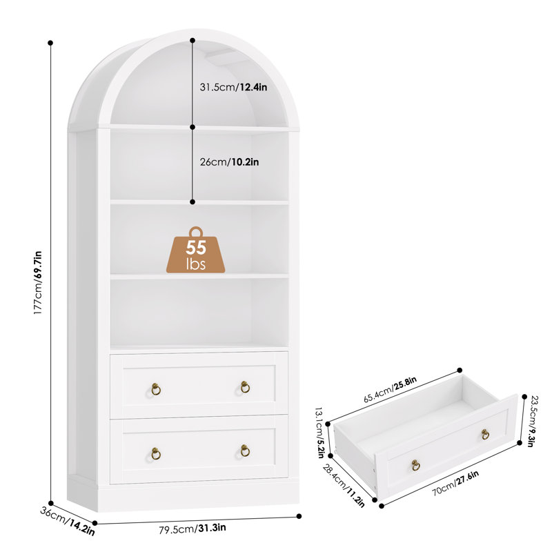 69.7"H Arched Bookcase With 2 Drawers, White