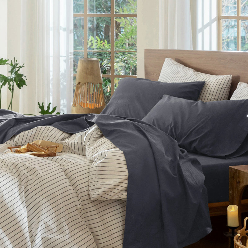 Ensemble de draps MooMee, Ensemble de draps pour très grand lit avec 2 taie, Gris foncé uni