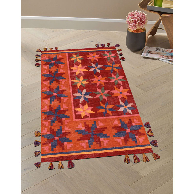 Base tissée à motif floral à franges, Rectangle 5 pi 1,02 po x 7 pi 6,55 po
