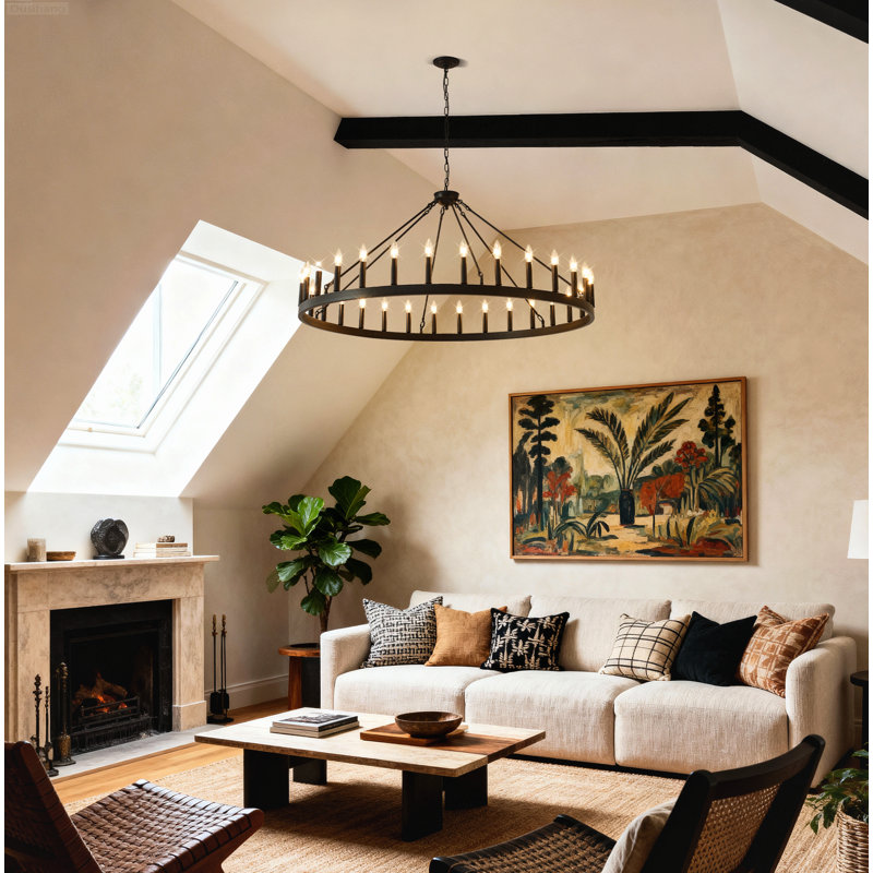 Lustre 30 lumières campagnard rond industriel ouvert avec plafond incliné noir mat, 30-Light