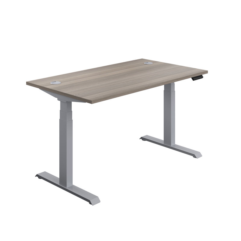 Bouton Adjustable Metal Base Standing Desk, Grey Oak, Silver, 65cm H x 180cm W x 80cm D