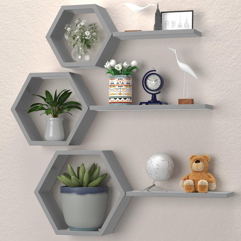 Ensemble de 6 tablettes murales hexagonales à motif géométrique en nid d'abeille pour des solutions de décoration et de rangement rustiques modernes