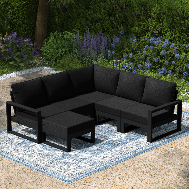 Patio 6-Piece Deep Seating Set With Ottoman With Frame, Black, Black