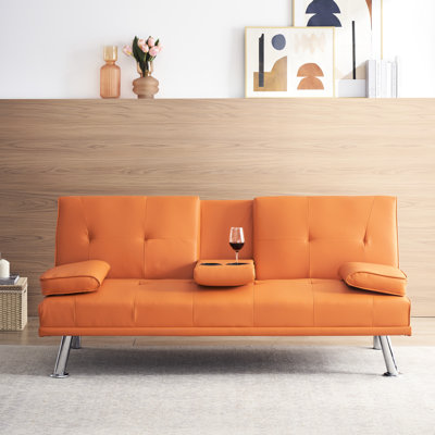 67" Orange Bed With Double Fold And Coffee Table For Office, 3 Adjustable Postures, Velvet Upholstery, Metal Legs, Compact Design Living Room, 2 Seats Multifunctional Multiple Angles, Soft Velvet,