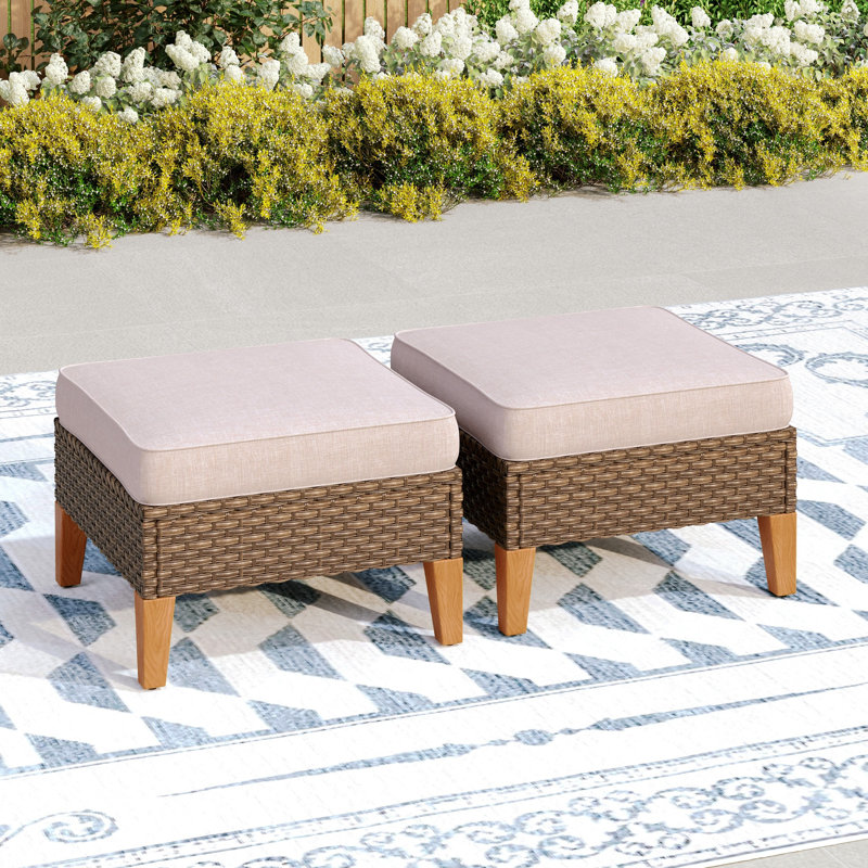 Argyri Wicker Outdoor Patio Ottomans, Beige