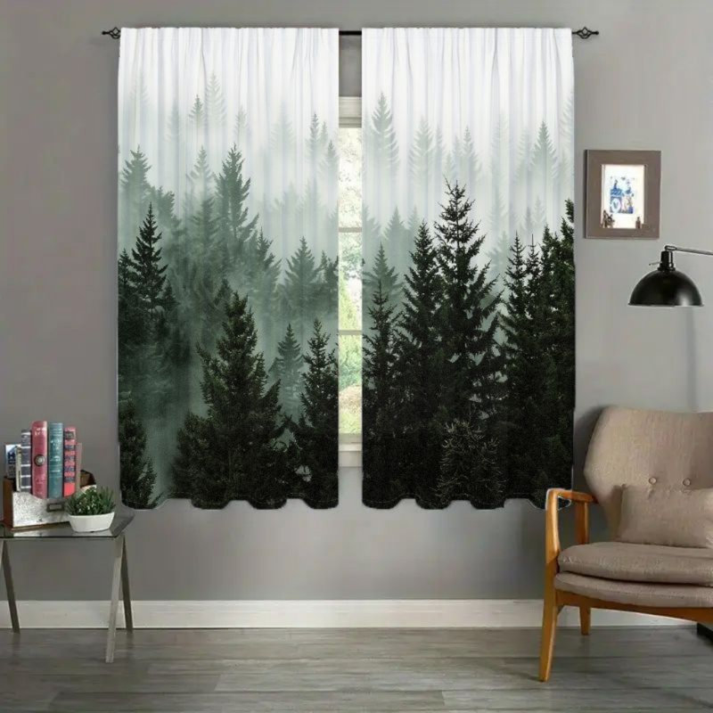 2Pcs Forest Mist Curtains, Green Pine Tree Foggy Landscape Nature Scenery  Light Filtering Curtain For living bedroom Kitchen Rod Pocket Window Drapes