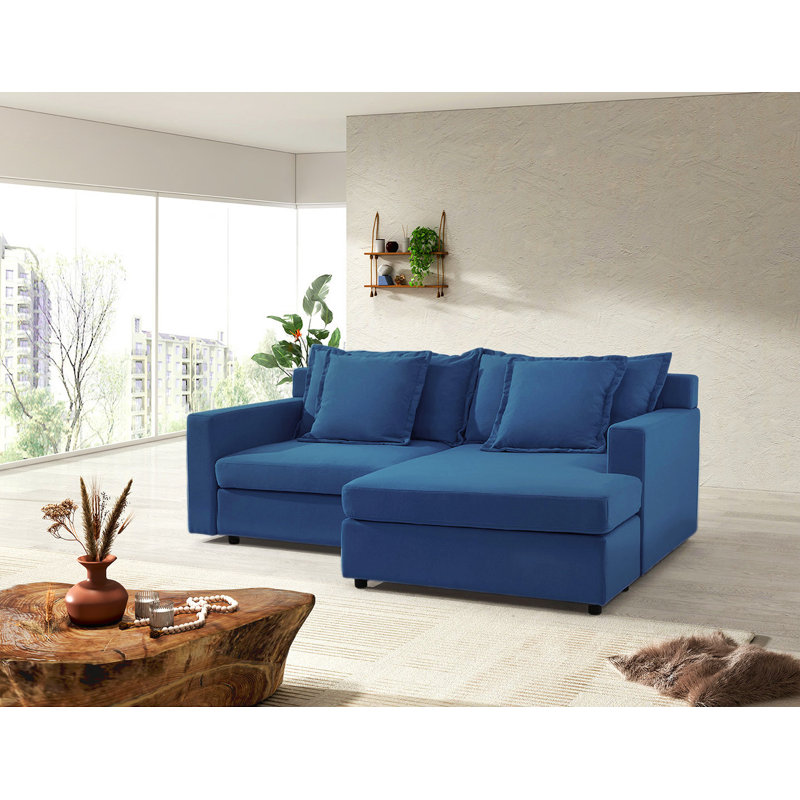 84.6" L-Shaped 2-Piece Linen Sofa and Chaise Sectional, Dark Blue Linen
