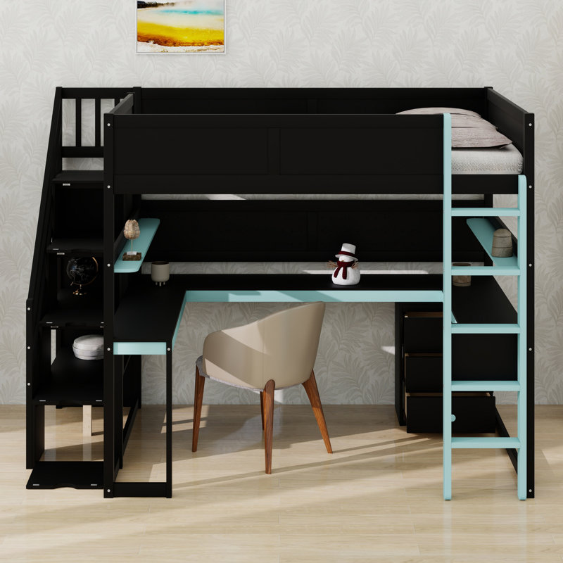 Lit mezzanine en bois avec escalier de rangement, bureau, tablettes et panneau perforé, Lit double, Noir / Bleu