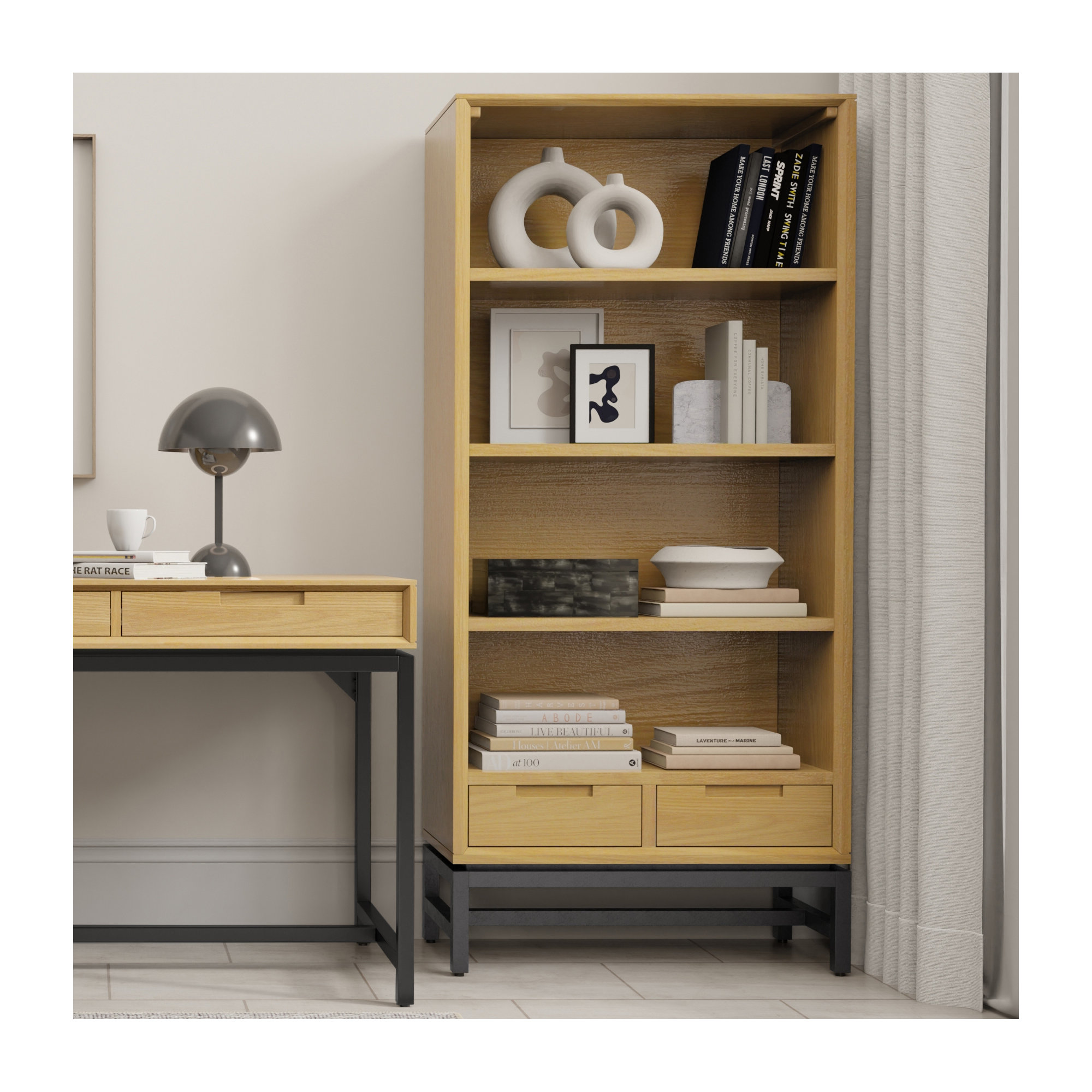 Banting 30"W Solid Wood 4 Shelf Industrial Bookcase with 2 Drawers, Adjustable Shelves, and Metal Base, Oak Veneer
