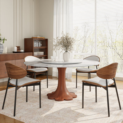 4-8 Seats Mid-Century Dining Room Sets Floral Shape Table With Rotating Lazy Susan And Leather Upholstered Side Dining Chairs