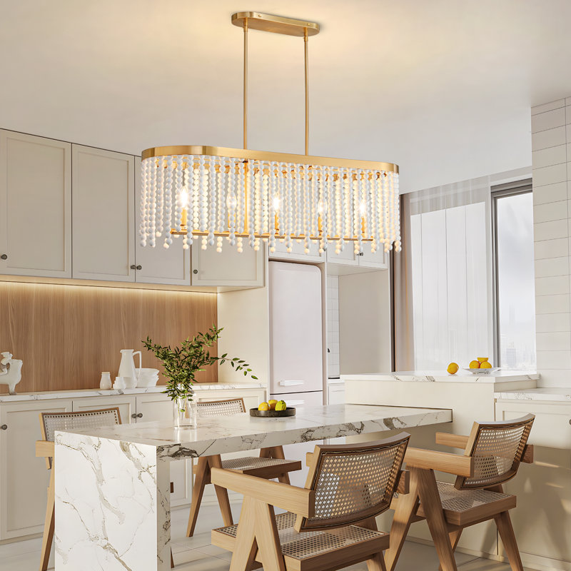 5 - Light 39" Rectangle Farmhouse Kitchen Island Wood Beaded Chandelier, Brushed Gold