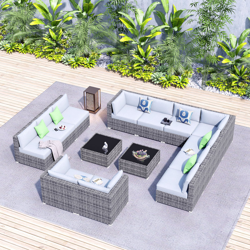 Ensemble de patio modulaire en osier toutes saisons pour 12 personnes avec coussins, Gris