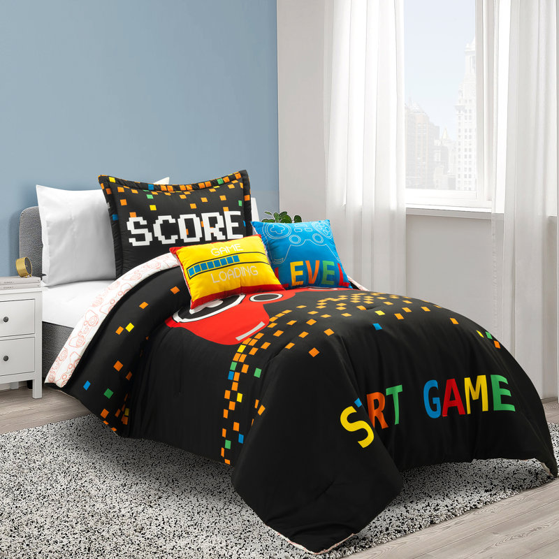 Video Games Reversible Oversized Comforter Grey, Full/Queen, Black
