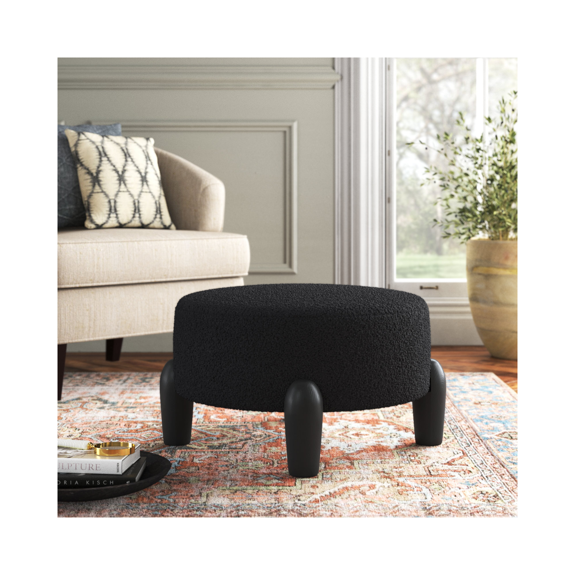 Geddes Upholstered Ottoman, Black, Black Sherpa