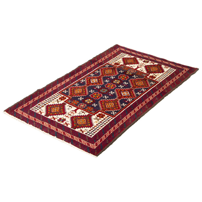 Tapis bleu marine en laine noué à la main de conception unique 3 pi 6 po x 5 pi 10 po nouvel âge Macaluso
