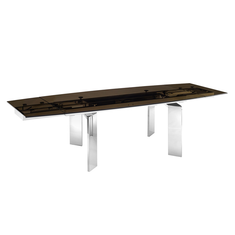 Astor Extendable Rectangular Glass Top with Stainless Steel Base Dining Table, Smoked