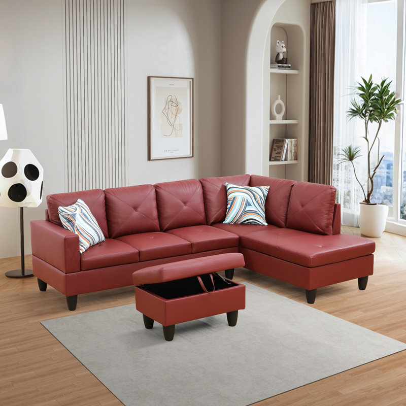 Ronan Faux Leather L-Shaped Sectional Sofa With Chaise And Storage Ottoman, Right Hand Facing, Red