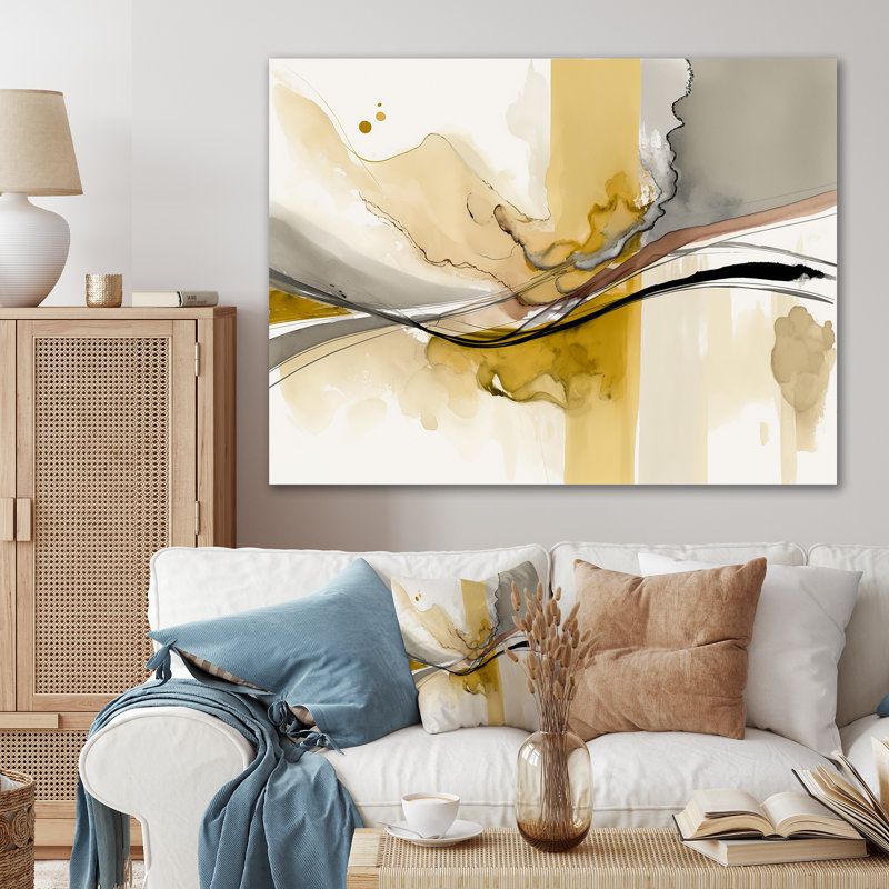 Touché par jaune moutarde et gris ultime IV - Abstrait, encres liquides, H 30 po x l 40 po x P 1,5 po, Toile tendue
