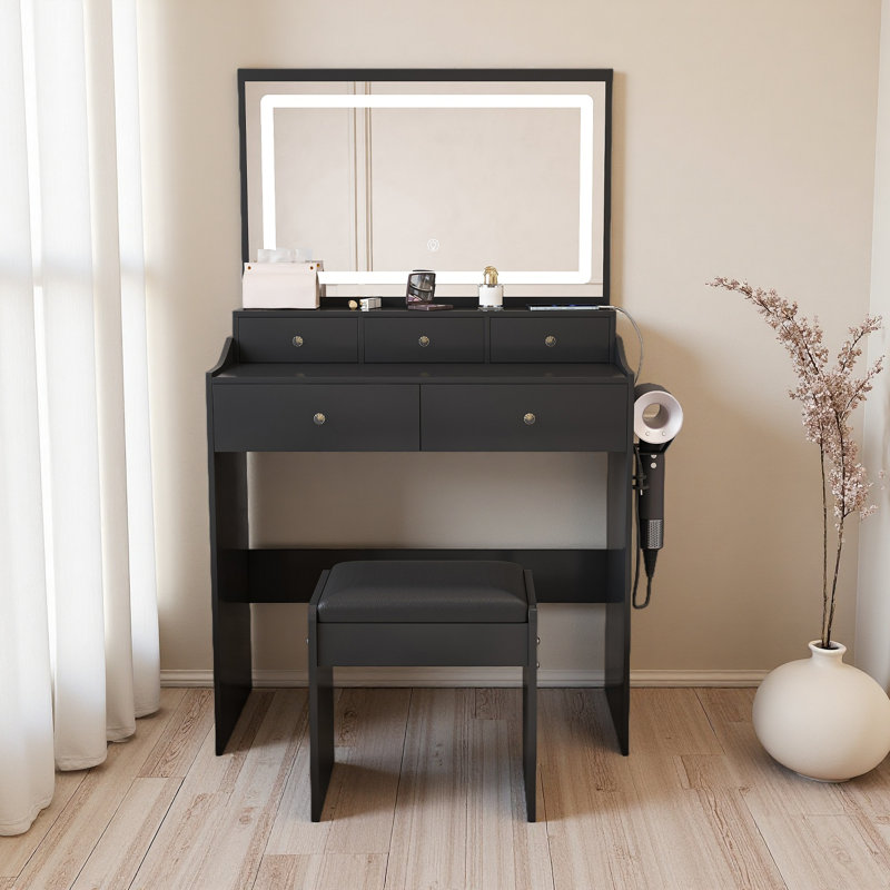 Nouveau grand bureau de meuble-lavabo à miroir pour chambre à coucher, ensemble de meuble-lavabo moderne avec prise de courant et support pour sèche-cheveux, 5 tiroirs