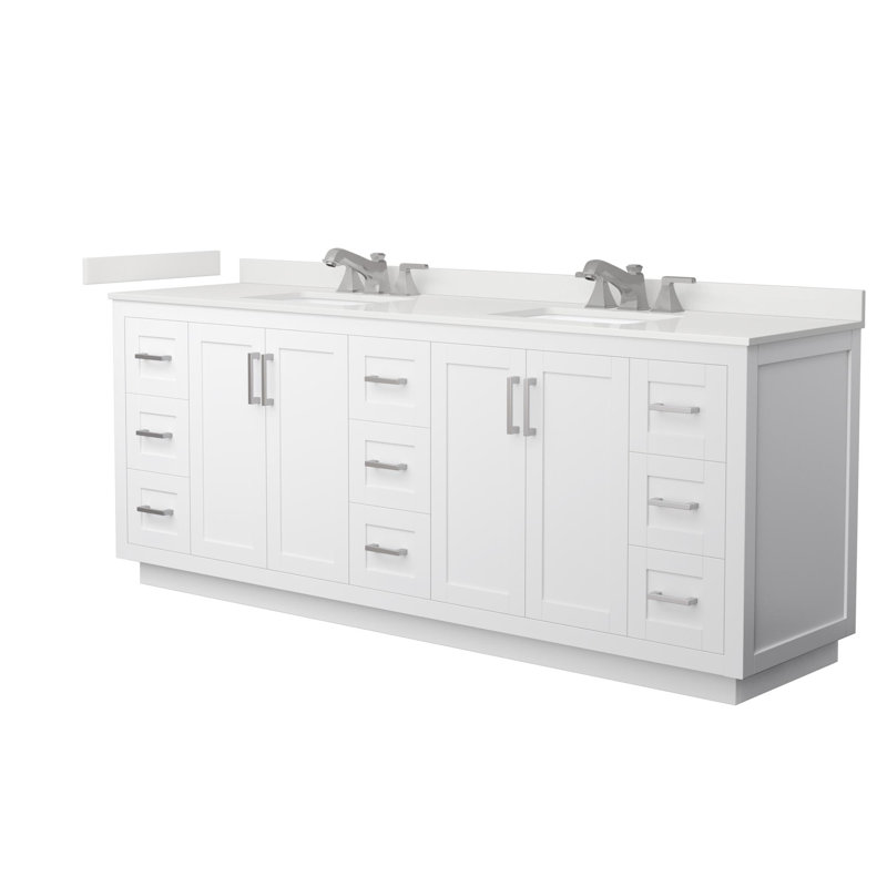 Meuble-lavabo double autoportant de 84 po avec plateau en quartz Miranda, Quartz blanc, Blanc, Nickel brossé