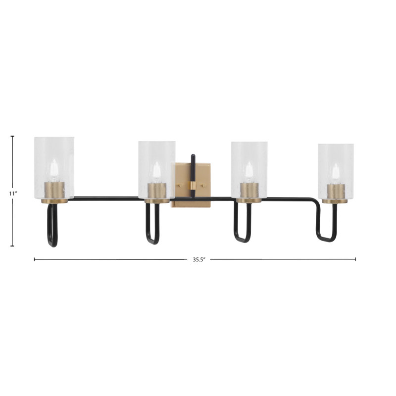 Barre d'éclairage de salle de bain 4 lumières Amarmula, noir mat et laiton vieilli, verre bullé transparent de 4 po, Clair