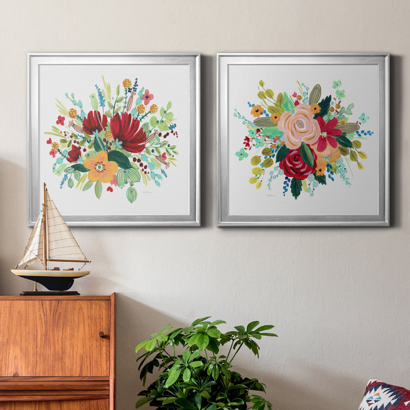 «May Flowers I», peinture sur toile 2 pièces, Cadre argenté, H 26,5 po x l 53 po x P 1,5 po