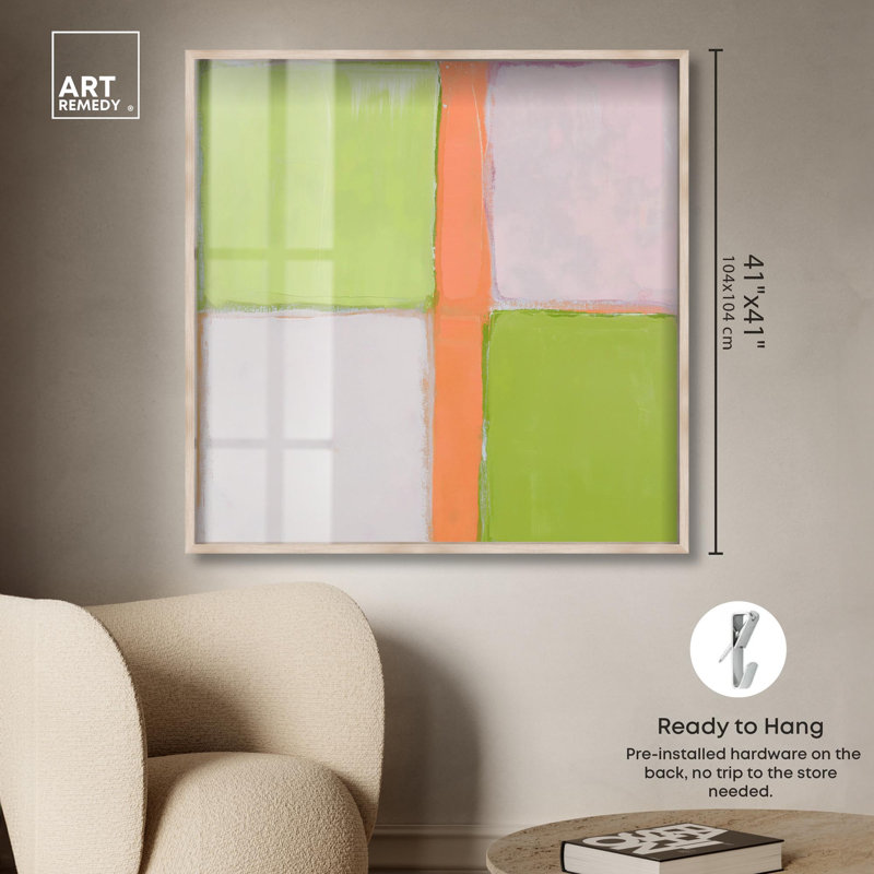«Pastel Grid I Green», reproduction d'art abstrait par Art Remedy, H 41 po x l 41 po, Crème, crème