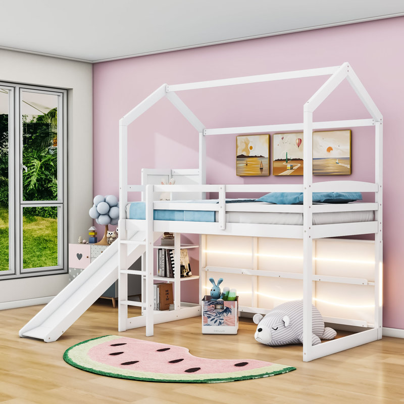 Lit mezzanine simple en bois avec glissoire, tablettes de rangement et lumière, Blanc