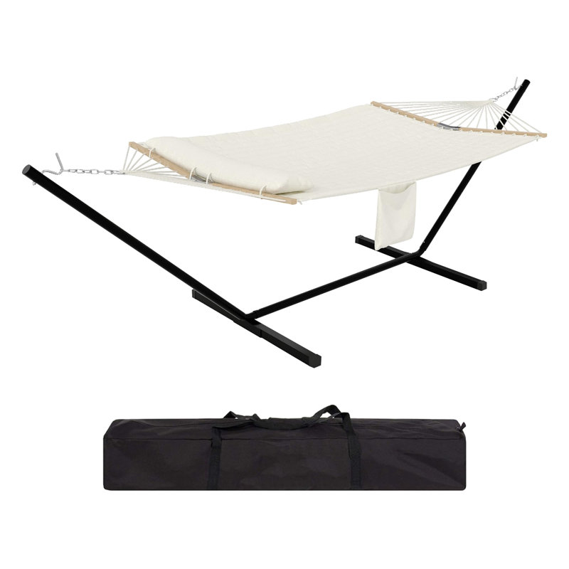 Double Hammock with Heavy Duty Steel Stand – 2 Person, 500LB Capacity, Superior Cotton-Polyester Blend, Adjustable, Includes Pillow & Carry Bag – Ideal for Indoor/Outdoor, Patio, Camping – Offwhite