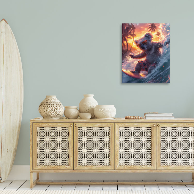 «Surfing Tropical Koala», art mural sur toile par Ray Heere, H 30 po x l 24 po
