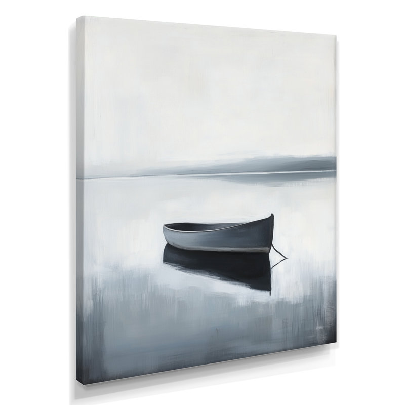 Barque solitaire sur eau calme - Tableau encadré en forme de barque, H 32 po x l 16 po, Toile tendue