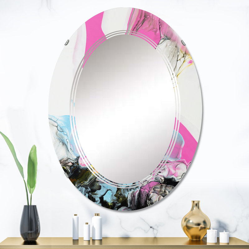 Rose rose, bleu et jaune liquide Art III - miroir mural moderne ovale, 36 po x 24 po