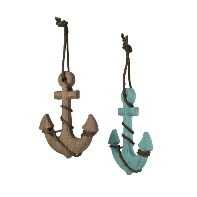 Ensemble de 2 suspensions murales en bois nautique, émail bleu et brun clair avec cordes - H 8,75 po x l 6,75 po x P 1 po chacune