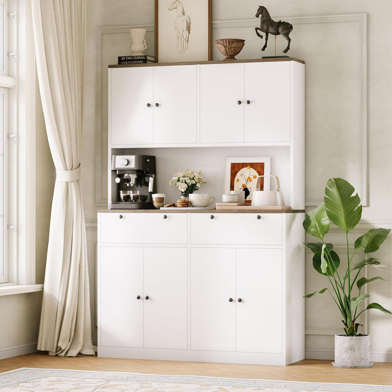 Armoire de rangement pour garde-manger avec station de charge, fabrication en bois d'ingénierie, H 71 po x l 47 po, 2 tiroirs et comptoir avec support à micro-ondes, rangement moderne pour la cuisine et la salle à manger