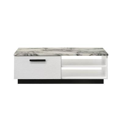 Table basse l 47 po avec plateau en faux marbre blanc, blanc