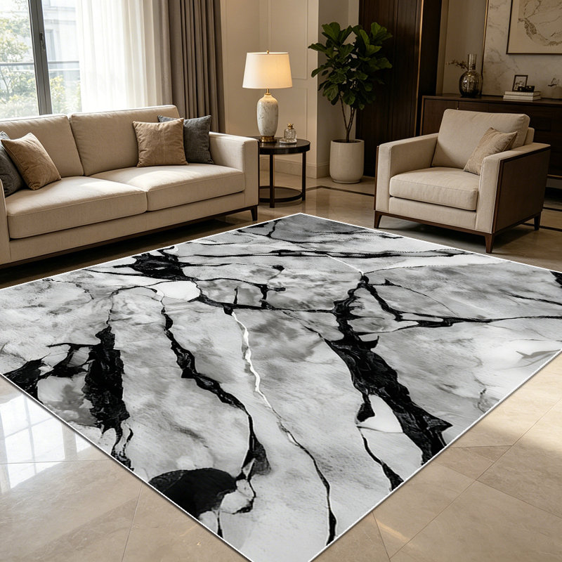 1PC Black And White Marble Vein Pattern area rugs for Living Room, Soft and Comfortable, Suitable for all seasons, easy-to-maintain, machine washable Indoor floor mat, Under Table Farmhouse suitable for Dining Table, Kitchen, Bedroom, Entryway, Home