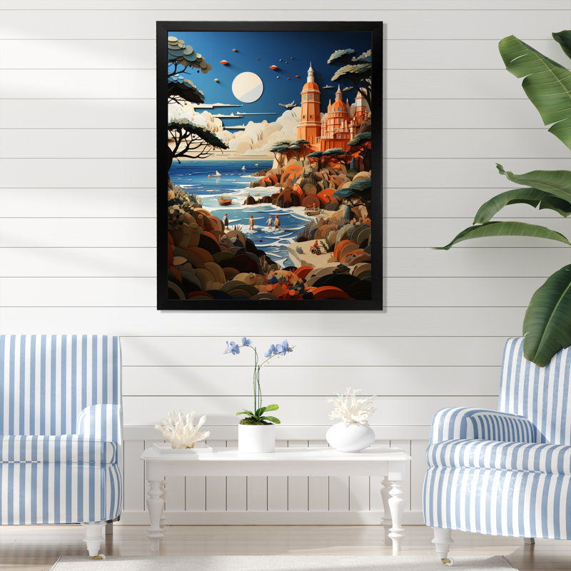 «Coastal Seaside Adventure Papercut I», reproduction sur toile, Cadre photo noir, H 20 po x l 12 po x P 1 po