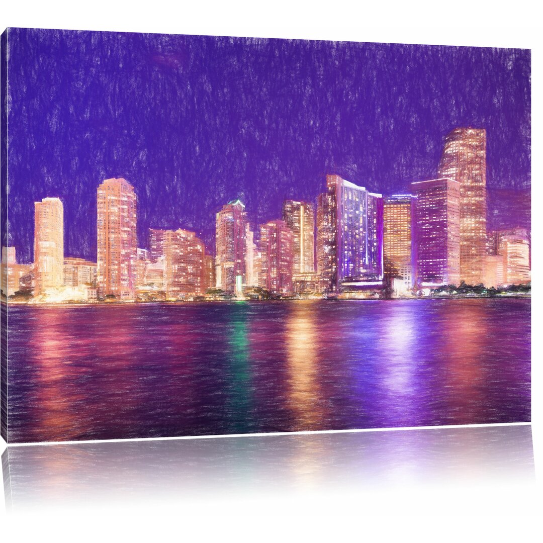 Leinwandbild „Schöne Nachtszene: Skyline von Miami Florida“, Grafikdruck