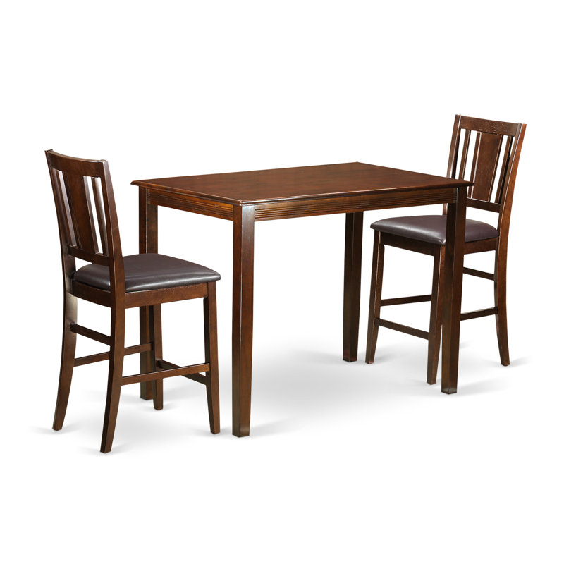 3 Piece Counter Height Pub Set for Small Spaces Contains a Rectangle Dining Room Table and 2 Faux Leather Upholstered Chairs, Mahogany