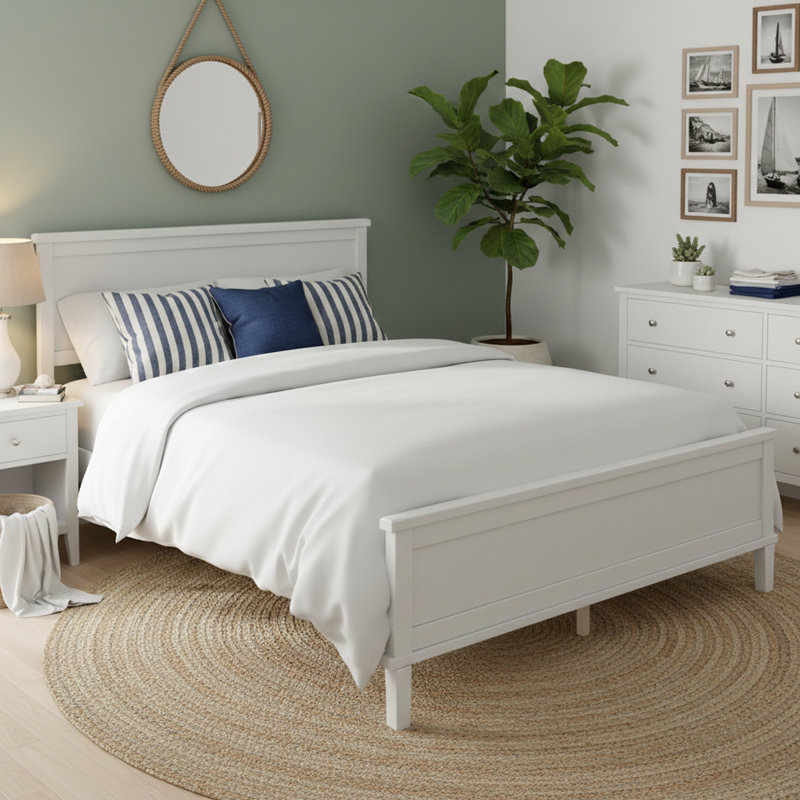 Solid wood platform bed with headboard and slat supports, Full, White