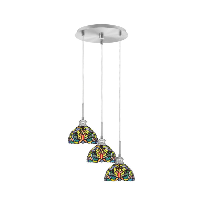 Pendalier à grappe 3 lumières Edge avec verre d'art kaléidoscope 7 po, Nickel brossé